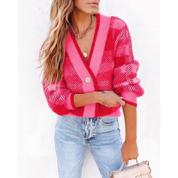 Women's Plaid Knit Cardigan Small Cozy V Neck Button Long Sleeve Fall - Picture 2 of 5